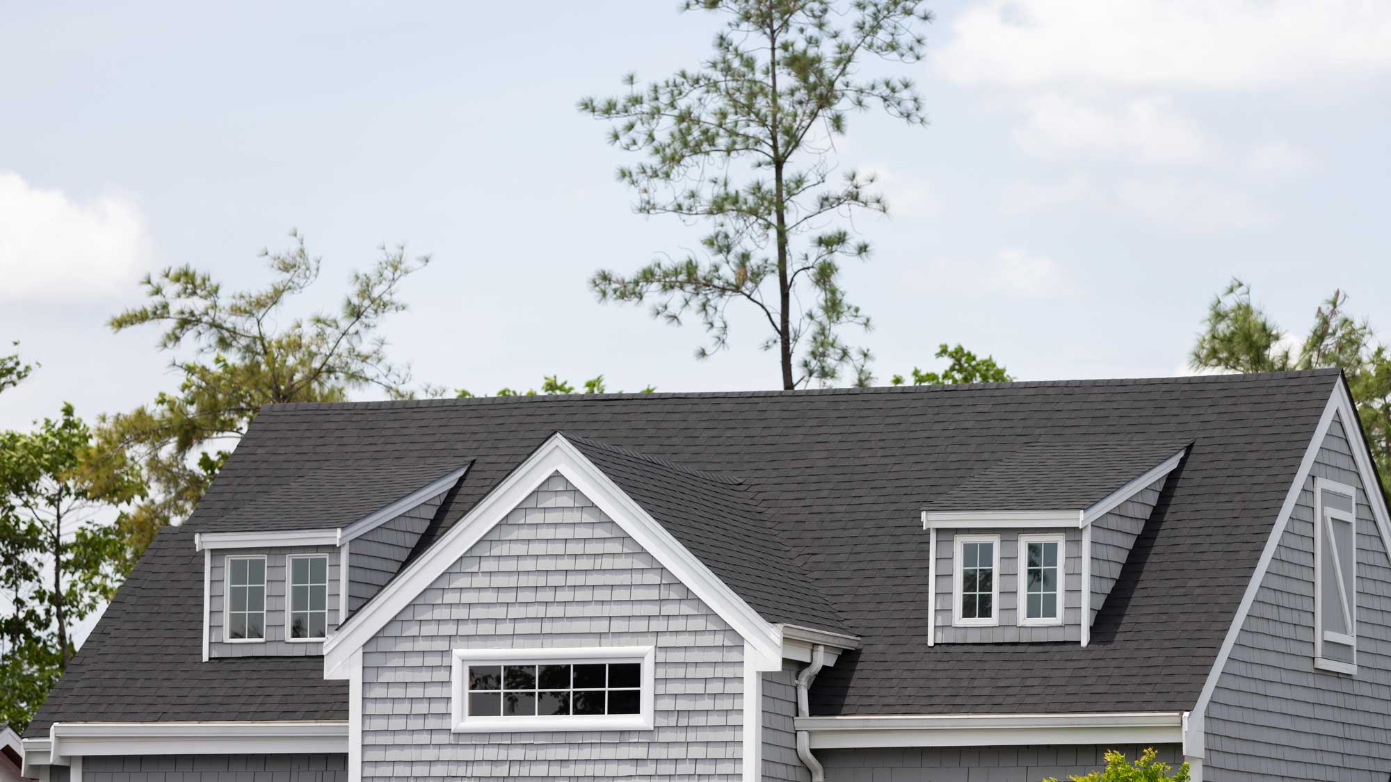 A home with gray siding and a gray shingle roof