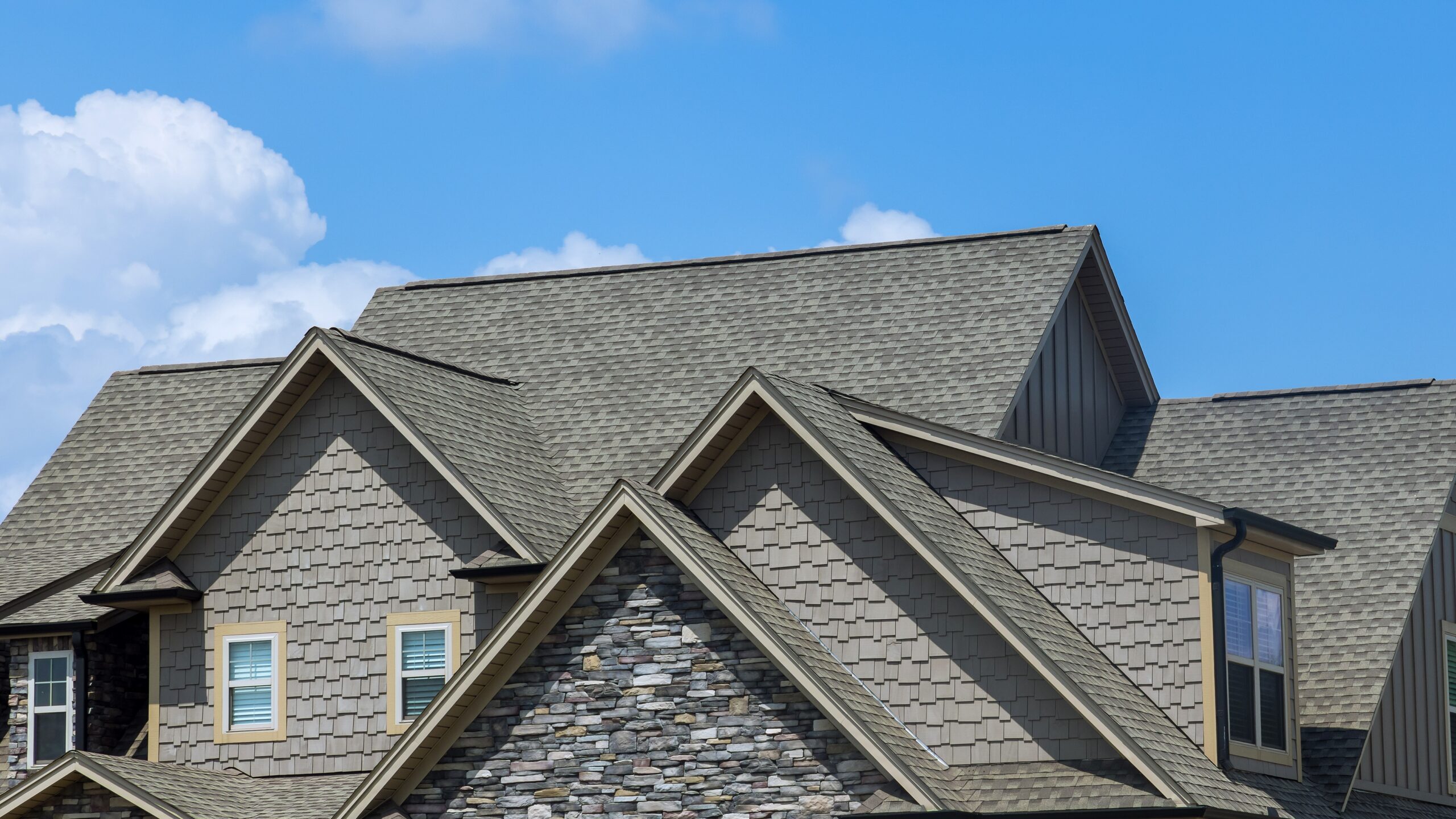 A home with gray siding and a gray shingle roof