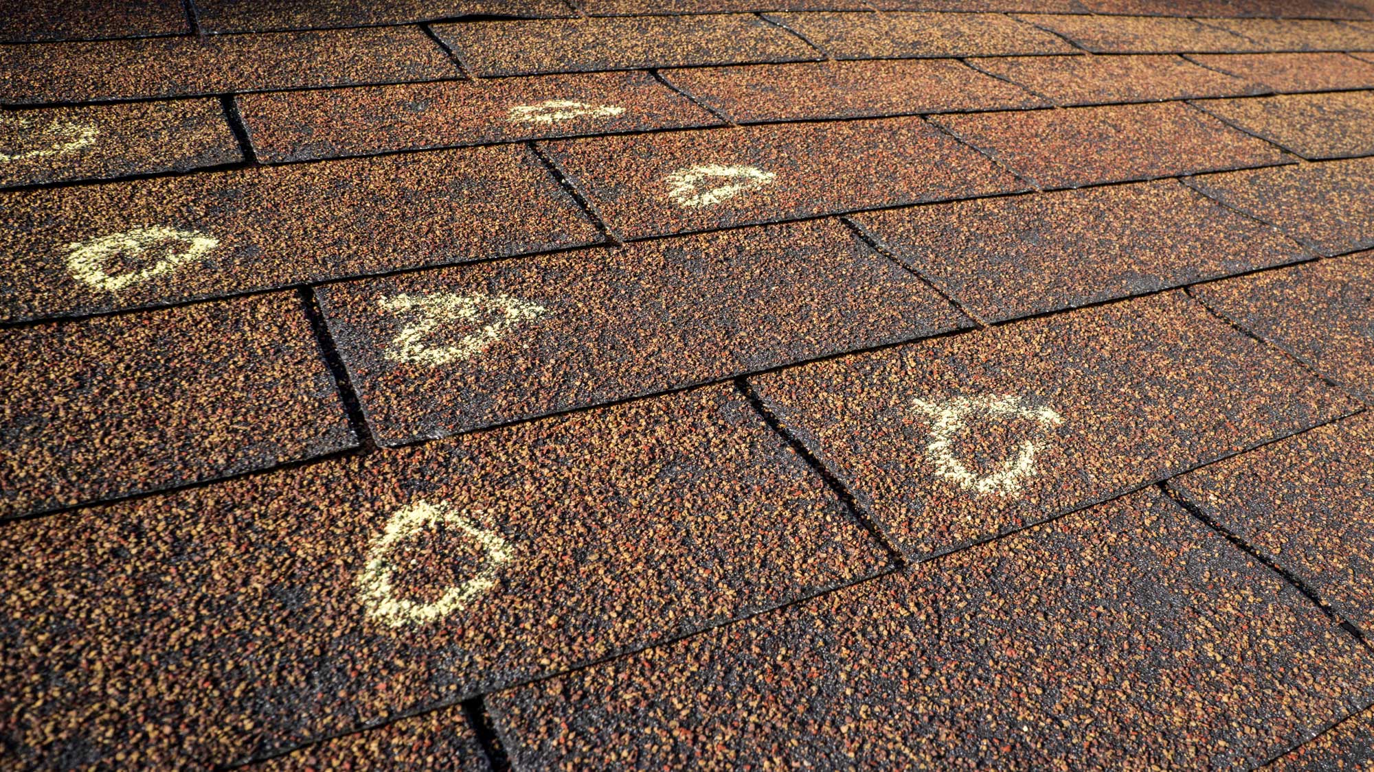 Closeup of a brown shingle roof with hail damaged circled in chalk