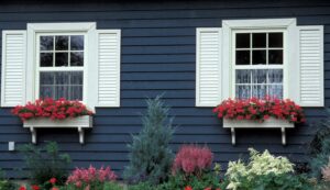 Closeup of house with navy blue siding and two windows with white trim and window boxes full of flowers