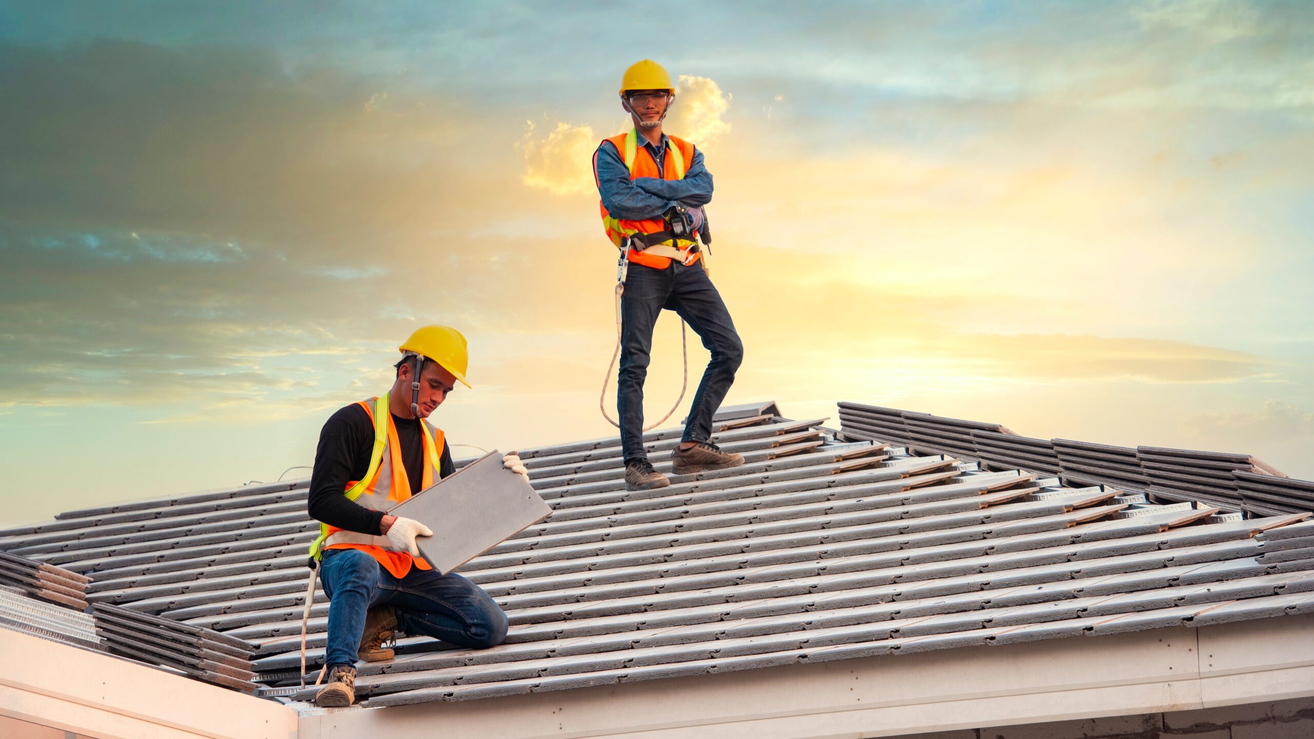 Two roofers inspect a slate roof