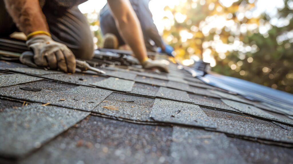 Two men on residential roof replacing shingles