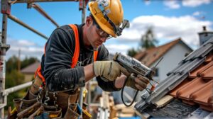 Worker with nail gun, hard hat, and harness working on roof