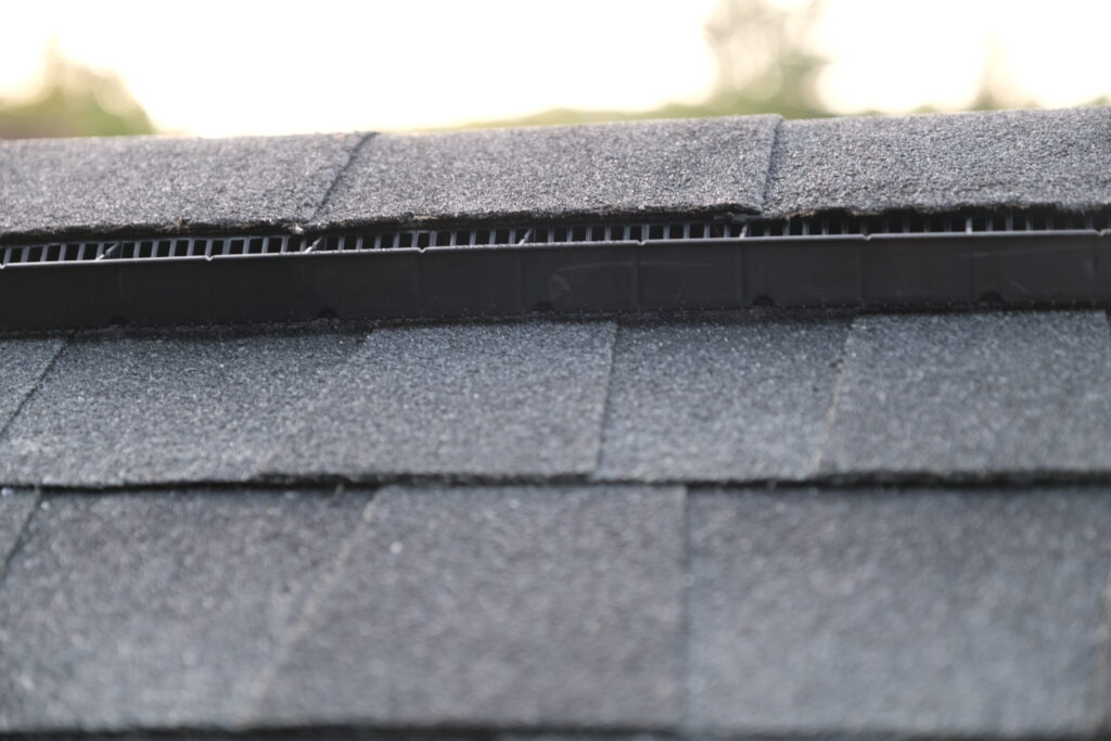 Ridge vent on roof of house